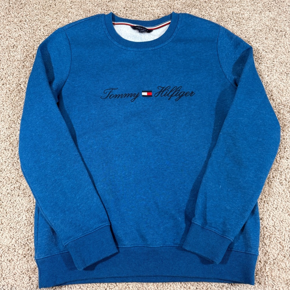 Tommy Hilfiger Sweatshirt Women Small Blue Good Embroidered Script Logo 76B1793